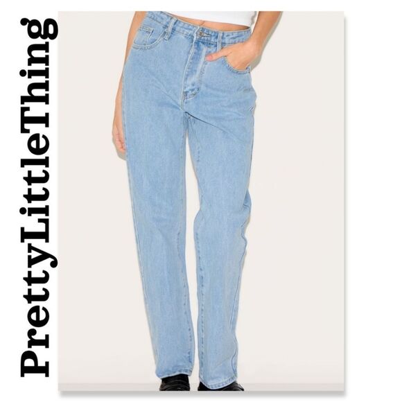 NWT PRETTYLITTLETHING Light Blue Wash High Waist Straight Leg Jeans - Picture 1 of 6